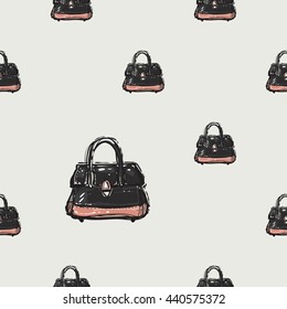 Vector hand drawn graphic fashion illustration womens bag. Trend graphic glamour fashion sketch seamless pattern in vogue style. Isolated elements background