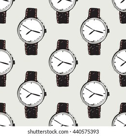 Vector hand drawn graphic fashion illustration classic watch. Trend graphic glamour fashion sketch seamless pattern in vogue style. Isolated elements background