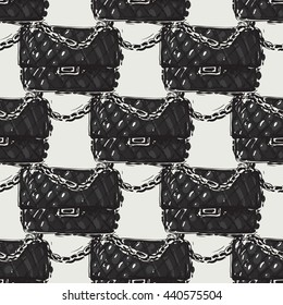 Vector hand drawn graphic fashion illustration fashionable clutch. Trend graphic glamour fashion sketch seamless pattern in vogue style. Isolated elements background