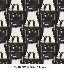 Vector hand drawn graphic fashion illustration brand bag. Trend graphic glamour fashion sketch seamless pattern in vogue style. Isolated elements background