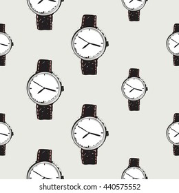 Vector hand drawn graphic fashion illustration classic watch. Trend graphic glamour fashion sketch seamless pattern in vogue style. Isolated elements background