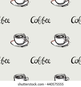 Vector hand drawn graphic fashion illustration coffee lettering, cup and saucer. Trend graphic glamour fashion sketch seamless pattern in vogue style. Isolated elements background