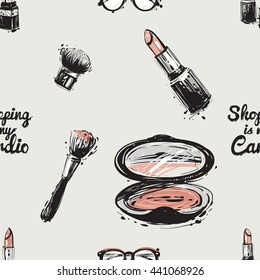 Vector hand drawn graphic fashion illustration shopping is my cardio lettering, hipster glasses, blush brush, makeup brush, red lipstick, couple lipstick, blush, french perfume. Seamless pattern.