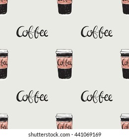 Vector hand drawn graphic fashion illustration coffee lettering and coffee cup. Trend graphic glamour fashion sketch seamless pattern in vogue style. Isolated elements background