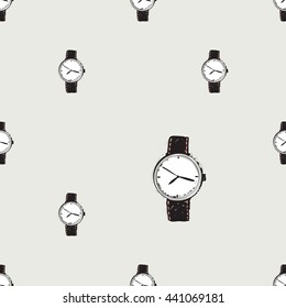 Vector hand drawn graphic fashion illustration classic watch. Trend graphic glamour fashion sketch seamless pattern in vogue style. Isolated elements background