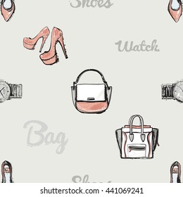 Vector hand drawn graphic fashion illustration shoes lettering, bag lettering, watch lettering, pink nude heels, ladies bag, ladies handbag, flat shoes, wrist watch. Seamless pattern background.