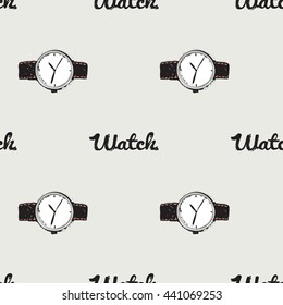 Vector hand drawn graphic fashion illustration watch lettering and classic watch. Trend graphic glamour fashion sketch seamless pattern in vogue style. Isolated elements background