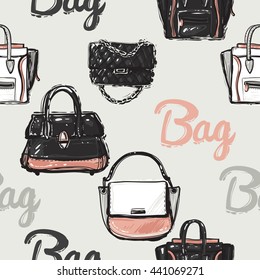 Vector hand drawn graphic fashion illustration bag lettering, ladies handbag, brand fashionable clutch. Trend graphic glamour fashion sketch seamless pattern in vogue style. 