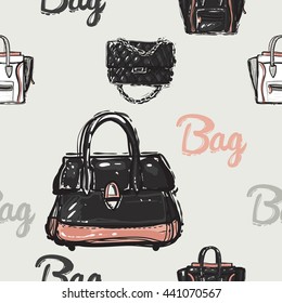 Vector hand drawn graphic fashion illustration bag lettering, ladies handbag, brand fashionable clutch. Trend graphic glamour fashion sketch seamless pattern in vogue style. 