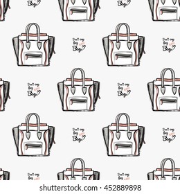 Vector hand drawn graphic fashion illustration do not cry buy new bag lettering and ladies bag. Trend graphic glamour fashion sketch seamless pattern in vogue style.