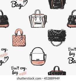 Vector hand drawn graphic fashion illustration fashionable clutch, leather handbag, do not cry buy new bag lettering, ladies bag. Trend graphic glamour fashion sketch seamless pattern in vogue style.