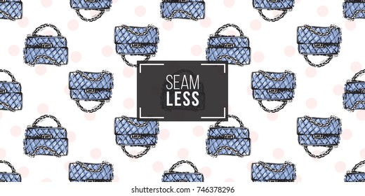 Vector hand drawn graphic fashion sketch fashionable clutch. Trend soft colored glamour fashion seamless pattern in vogue style.