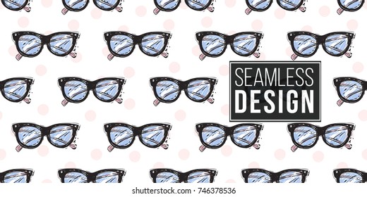 Vector hand drawn graphic fashion sketch vintage glasses. Trend soft colored glamour fashion seamless pattern in vogue style.