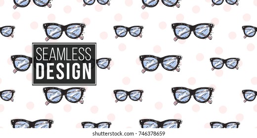 Vector hand drawn graphic fashion sketch vintage glasses. Trend soft colored glamour fashion seamless pattern in vogue style.