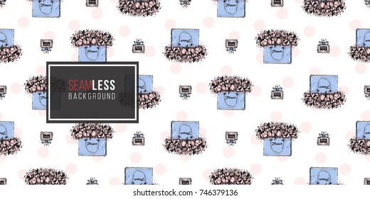 Vector hand drawn graphic fashion sketch french perfume and flowers bag. Trend soft colored glamour fashion seamless pattern in vogue style.