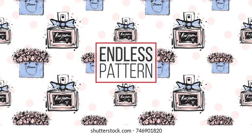 Vector hand drawn graphic fashion sketch french perfume and flowers bag. Trend soft colored glamour fashion seamless pattern in vogue style.