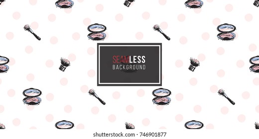 Vector hand drawn graphic fashion sketch blush brush, makeup brush, makeup powder. Trend soft colored glamour fashion seamless pattern in vogue style.