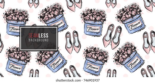 Vector hand drawn graphic fashion sketch flat shoes and flower box. Trend soft colored glamour fashion seamless pattern in vogue style.