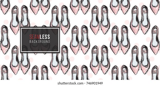 Vector hand drawn graphic fashion sketch flat shoes. Trend soft colored glamour fashion seamless pattern in vogue style.