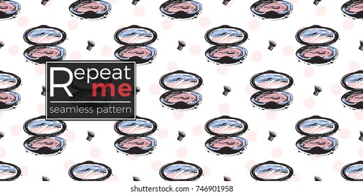 Vector hand drawn graphic fashion sketch blush brush and makeup powder. Trend soft colored glamour fashion seamless pattern in vogue style.