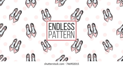 Vector hand drawn graphic fashion sketch flat shoes. Trend soft colored glamour fashion seamless pattern in vogue style.