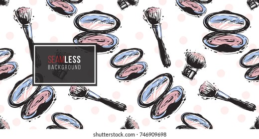 Vector hand drawn graphic fashion sketch blush brush, makeup brush, makeup powder. Trend soft colored glamour fashion seamless pattern in vogue style.
