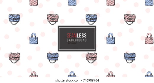 Vector hand drawn graphic fashion sketch fashionable clutch and leather handbag. Trend soft colored glamour fashion seamless pattern in vogue style.