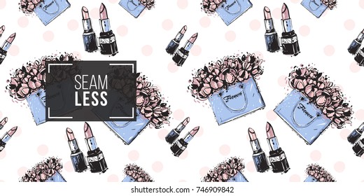 Vector hand drawn graphic fashion sketch couple lipstick and flowers bag. Trend soft colored glamour fashion seamless pattern in vogue style.