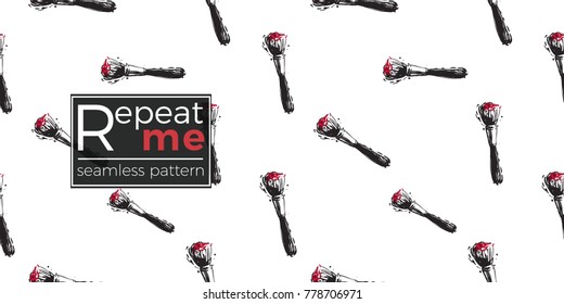 Vector hand drawn graphic fashion sketch makeup brush. Trend graphic contrasty glamour fashion seamless pattern in vogue style. Isolated elements on white background