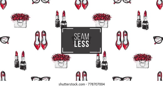 Vector hand drawn graphic fashion sketch flat shoes, couple lipstick, vintage glasses, flowers bag. Trend graphic contrasty glamour fashion seamless pattern in vogue style.