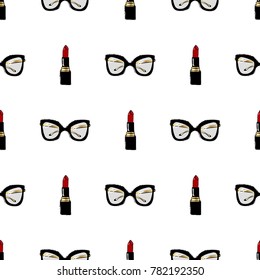 Vector hand drawn graphic fashion sketch couple lipstick, makeup powder, french perfume, vintage glasses. Trend soft colored glamour fashion seamless pattern in vogue style.