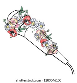 Vector hand drawn graphic illustration of microphone with flowers, leaves. Sketch drawing, doodle style. Artistic abstract line art. Black, white silhouette wirh colorful rose, poppy, dandelion, leaf