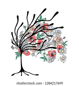 Vector hand drawn graphic illustration of tree with flowers, leaves, branch Sketch drawing, doodle style. Artistic abstract, watercolor silhouette wirh rose, poppy, dandelion, leaf. Sketch drawing
