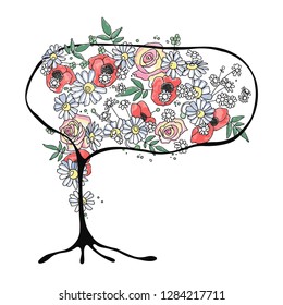 Vector hand drawn graphic illustration of tree with flowers, leaves, branch Sketch drawing, doodle style. Artistic abstract, watercolor silhouette wirh rose, poppy, dandelion, leaf. Sketch drawing
