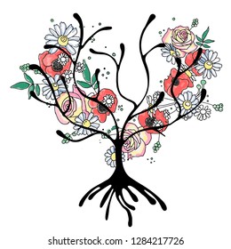 Vector hand drawn graphic illustration of tree with flowers, leaves, branch Sketch drawing, doodle style. Artistic abstract, watercolor silhouette wirh rose, poppy, dandelion, leaf. Sketch drawing
