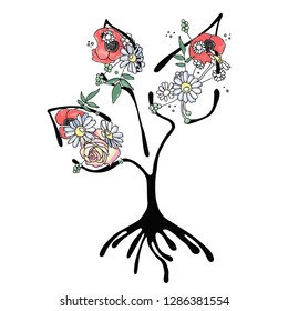 Vector hand drawn graphic illustration of tree with flowers, leaves, branch Sketch drawing, doodle style. Artistic abstract, watercolor silhouette wirh rose, poppy, dandelion, leaf. Sketch drawing