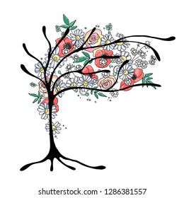 Vector hand drawn graphic illustration of tree with flowers, leaves, branch Sketch drawing, doodle style. Artistic abstract, watercolor silhouette wirh rose, poppy, dandelion, leaf. Sketch drawing