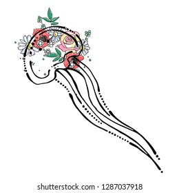 Vector hand drawn graphic illustration of sea animal, jellyfish with flowers, leaves Sketch drawing, doodle style. Artistic abstract line art. Black, white silhouette wirh colorful rose, poppy, leaf