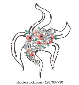 Vector hand drawn graphic illustration of sea animal, starfish with flowers, leaves Sketch drawing, doodle style. Artistic abstract line art. Black, white silhouette wirh colorful rose, poppy, leaf