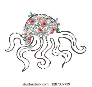 Vector hand drawn graphic illustration of sea animal, octopus with flowers, leaves Sketch drawing, doodle style. Artistic abstract line art. Black, white silhouette wirh colorful rose, poppy, leaf