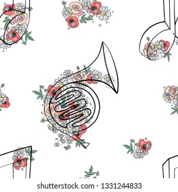 Vector hand drawn graphic illustration of french horn with flowers, leaves Sketch drawing, doodle style. Artistic abstract line art. Black, white silhouette wirh colorful rose, poppy, dandelion, leaf