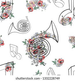 Vector hand drawn graphic illustration of french horn with flowers, leaves Sketch drawing, doodle style. Artistic abstract line art. Black, white silhouette wirh colorful rose, poppy, dandelion, leaf