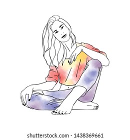 Vector hand drawn graphic illustration of cute watercolor girl. Black and white silhouette of beautiful woman in free seat pose. Sketch drawing, doodle style. Sexy pretty posing person, cartoon