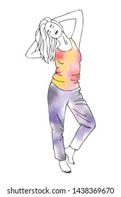 Vector hand drawn graphic illustration of cute watercolor girl. Black and white silhouette of beautiful woman in stand pose. Sketch drawing, doodle style. Sexy pretty posing person, cartoon dance
