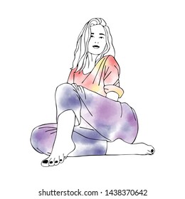 Vector hand drawn graphic illustration of cute watercolor girl. Black and white silhouette of beautiful woman in free seat pose. Sketch drawing, doodle style. Sexy pretty posing person, cartoon