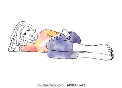 Vector hand drawn graphic illustration of cute watercolor girl. Black and white silhouette of beautiful woman in lie pose. Sexy pretty posing person, lying on its side, cartoon