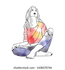 Vector hand drawn graphic illustration of cute watercolor girl. Black and white silhouette of beautiful woman in free seat pose. Sketch drawing, doodle style. Sexy pretty posing person, cartoon