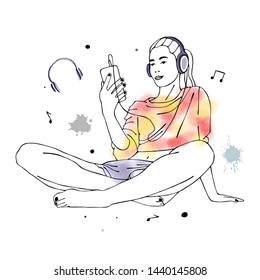 Vector hand drawn graphic illustration of cute watercolor girl, headphones, blots, drops. Black and white silhouette of beautiful woman in free seat pose, listen music. Sketch drawing, doodle style. 