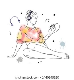 Vector hand drawn graphic illustration of cute watercolor girl, headphones, blots, drops. Black and white silhouette of beautiful woman in free seat pose, listen music. Sketch drawing, doodle style. 