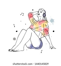 Vector hand drawn graphic illustration of cute watercolor girl, headphones, blots, drops. Black and white silhouette of beautiful woman in free seat pose, listen music. Sketch drawing, doodle style. 